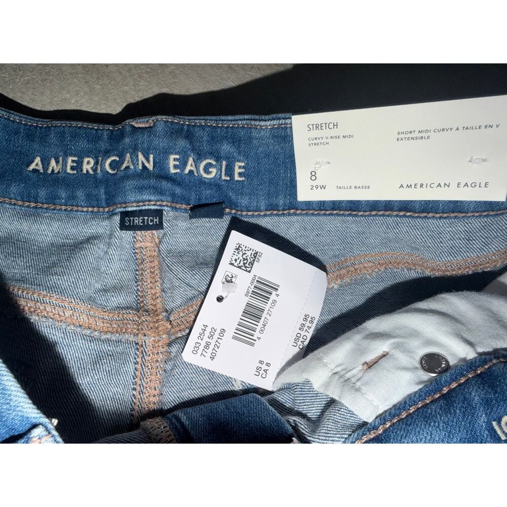 American Eagle women’s new stretch curvy v-rise midi blue jeans shorts - Picture 13 of 16